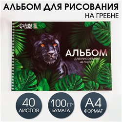 Альбом для рисования на гребне А4, 40 листов «Пантера» (обложка 200 г/м2, бумага 100 г/м2).