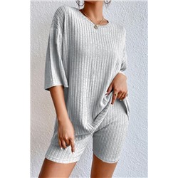 Gray Plain Ribbed Loose Fit Two Piece Lounge Set