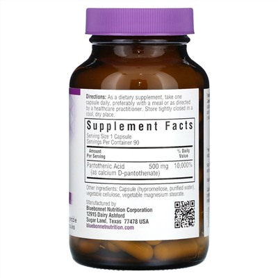 Bluebonnet Nutrition Пантотеновая кислота, 500 мг, 90 растительных капсул