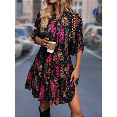 Kleid mit Blume Muster, gerollten Ärmeln, Rüschen