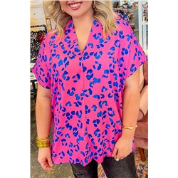 Rose Contrast Leopard Print Plus Size V Neck Blouse