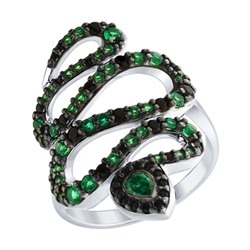 Кольцо из серебра с зелеными и чёрными фианитами, 94012581