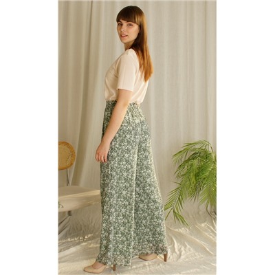Женские летние брюки Юбка-брюки шифон зеленые с цветочками
