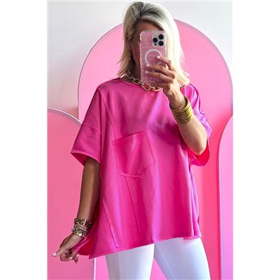 Bright Pink Patched Pocket Exposed Seam Oversize T-shirt