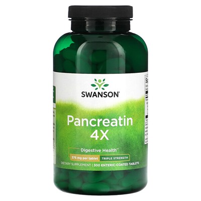 Swanson Панкреатин 4X, тройной силы, 375 мг, 300 таблеток с кишечнорастворимой оболочкой