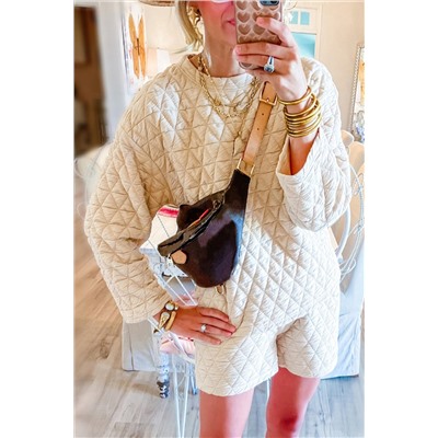Beige Textured Long Sleeve Top Shorts Outfit