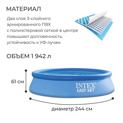 Бассейн надувной Easy Set, 244 х 61 см, 1942 л, фильтр-насос 1250 л/ч, от 6 лет, 28108NP INTEX