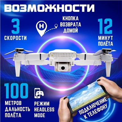 Квадрокоптер на радиоуправлении FLYDRONE, камера 1080P, барометр, Wi-Fi, 2 аккумулятора, цвет серый