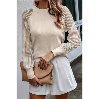 Apricot Striped Mesh Long Sleeve Crewneck Ribbed Top