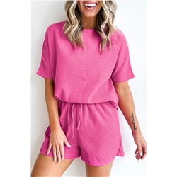 Rose Red Casual Textured Tee and Drawstring Shorts Set