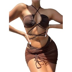 MakeMeChic Women's 3 Piece Swimsuit Criss Cross Halter Bikini Set Bathing Suit and Drawstring Beach Skirt