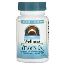 Source Naturals Wellness, Витамин D-3, 50 мкг (2000 МЕ), 200 мягких таблеток