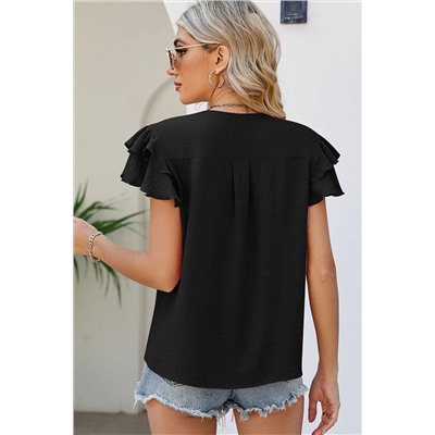 Black Ruffled Short Sleeve V Neck Plus Size Blouse