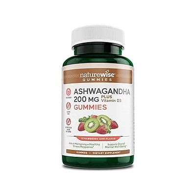 NatureWise Ashwagandha Gummies - Strawberry Kiwi - KSM-66 Ashwagandha with Vitamin D3 - Support for Stress and Mood, Mood Gummies - Non-GMO, Gelatin Free, Gluten Free - 180 Gummies[3-Month Supply]