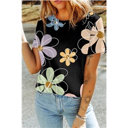 Black Summer Flower Print Casual Round Neck T Shirt