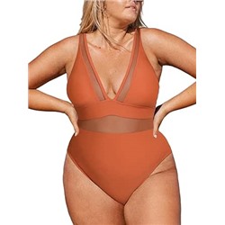 CUPSHE Women Plus Size One Piece Swimsuit V Neck Mesh Sheer Tummy Control Bathing Suit with Adjustable Wide Straps
