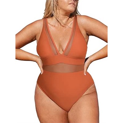 CUPSHE Women Plus Size One Piece Swimsuit V Neck Mesh Sheer Tummy Control Bathing Suit with Adjustable Wide Straps