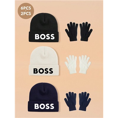 6 Stücke/2 Stücke Herren & Damen BOSS Logo gestrickte Beanie Mütze & Handschuh Set, vielseitige minimalistische warme Mütze & fingerlose Handschuhe, geeignet für Herbst/Winter Outdoor-Tragen, ideal als Geburtstags/Feiertags Geschenk