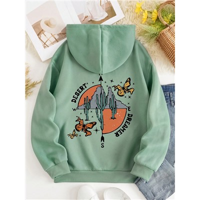 SHEIN EZwear Толстовка с рисунком Cactus & Letters, пояс на шнурке, термоподкладка,