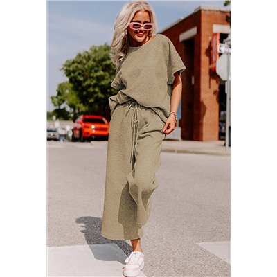 Apricot khaki Textured Loose Fit T Shirt and Drawstring Pants Set