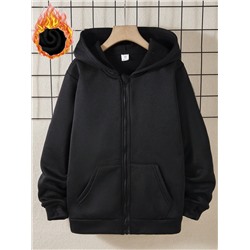 SHEIN Einfarbiger Kapuzenpullover mit Reißverschluss und Fleecefutter für Tween Jungen, Herbst/Winter