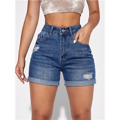 Denim Shorts mit Reißverschluss, Riss Detail und gerafftem Saum