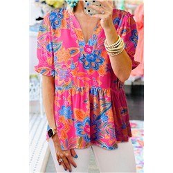 Rose Floral Print Puff Sleeve V Neck Blouse