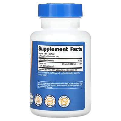 Nutricost Витамин D3, 1000 МЕ, 240 мягких таблеток