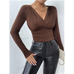 SHEIN Essnce V-Ausschnitt Langarm Bodysuit, Lässig & figurschmeichelnd, Frühling & Herbst