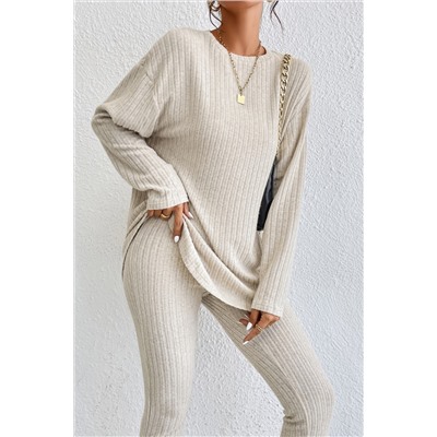 Apricot Ribbed Knit Loose Long Sleeve Top Skinny Pants Set