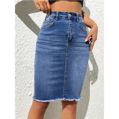 SHEIN Essnce Denim Rock mit hoher Taille, umgesäumtem Saum