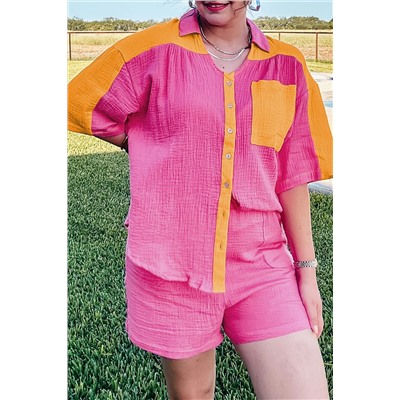 Rose Red Plus Size Textured Color Block Shirt and Shorts Set