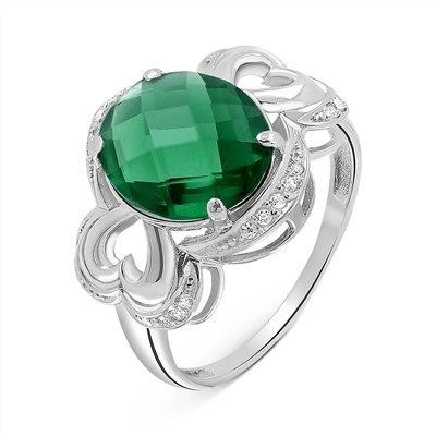 Кольцо из серебра с пл.кварцем цв.зелёный и фианитами родированное 925 пробы 10-164р132
