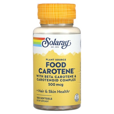 Solaray Plant Source, Пищевой каротин с комплексом бета-каротина и каротиноидов, 500 мкг, 100 мягких таблеток