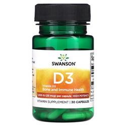 Swanson Витамин D3, высокая эффективность, 1000 МЕ (25 мкг), 30 капсул