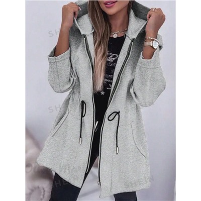 SHEIN LUNE Damen lässige Jacke mit Kapuze, Reißverschluss, Kordelzug, Tasche, Langarm, Einfarbig Minimalismus Streetwear-Stil