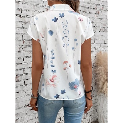 EMERY ROSE Bluse mit Blume Muster, Knopf Detail, Fledermausärmeln,