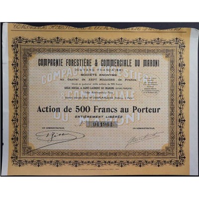 Акция Лесная и торговая компания Марони (Французская Гвиана), 500 франков 1928 года, Франция