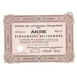 Акция Электрическое освещение и электростанции в Берлине, 100 рейхсмарок 1943 год, Германия