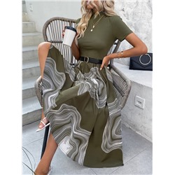SHEIN LUNE A-Linie Kleid mit Grafik Muster, Stehkragen, ohne Gürtel