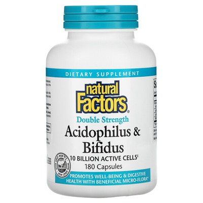 Natural Factors Acidophilus & Bifidus, Двойная сила, 10 миллиардов, 180 капсул