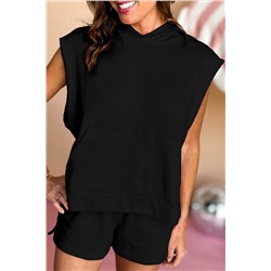 Black Solid Color Sleeveless Hoodie and Shorts Set