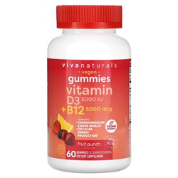 Viva Naturals Витамин D3 + B12, фруктовый пунш, 60 жевательных конфет