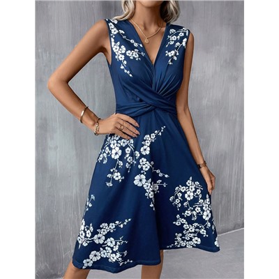 SHEIN Clasi Blumenmuster A-linie Kleid Mit Verdrehter Vorderseite, Blaues Kleid