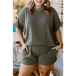 Moss Green Plus Size Rib Knit Short Sleeve Top and Shorts Set