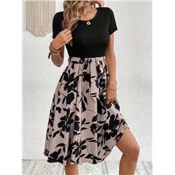 Kleid mit Gürtel, Blume Muster,