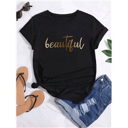 Damen Gold Buchstabe Druck Modische Rundhals Kurzärmeliges T-shirt, Familienpassende Kleidung