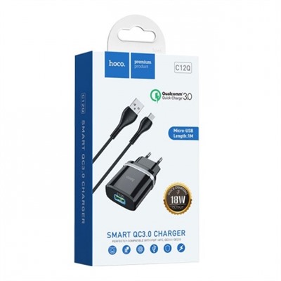 Зарядное устройство Hoco C12Q QC3.0 3А USB + кабель microUSB, черное