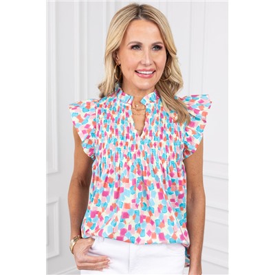 Sky Blue Shirred Yoke Ruffled Abstract Printed Blouse