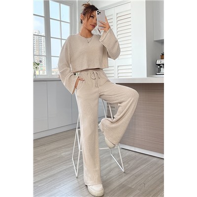 Khaki Ribbed Knit Bell Sleeve Crop Top Drawstring Pants Set